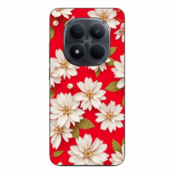 Husa compatibila cu Xiaomi Redmi Note 15 Pro 5G Silicon Gel Tpu Model White Flowers on Red Background