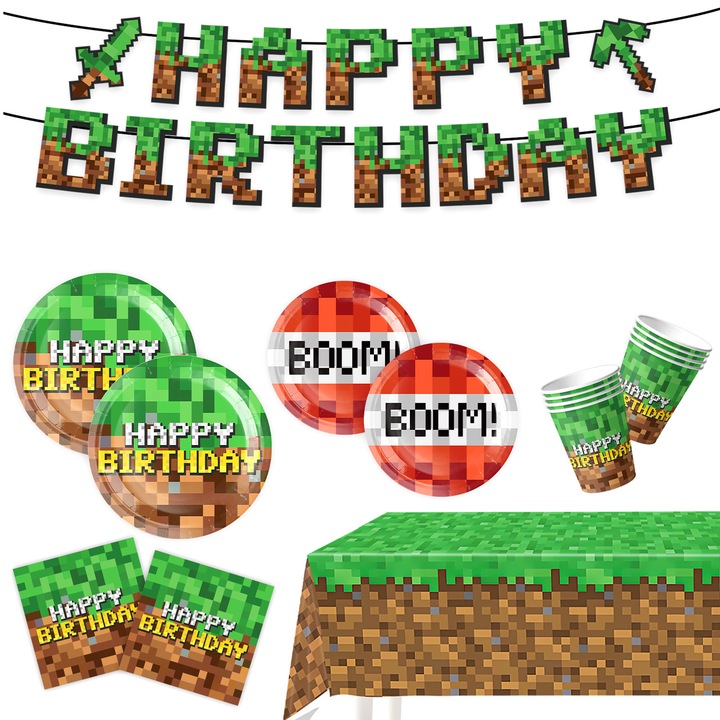 Set 52pcs Accesorii Petrecere Minecraft, Farfurii 7'' și 9'', Pahare de Hârtie, Servetelele, Față de Masă, Banner Decorativ, Multicolor
