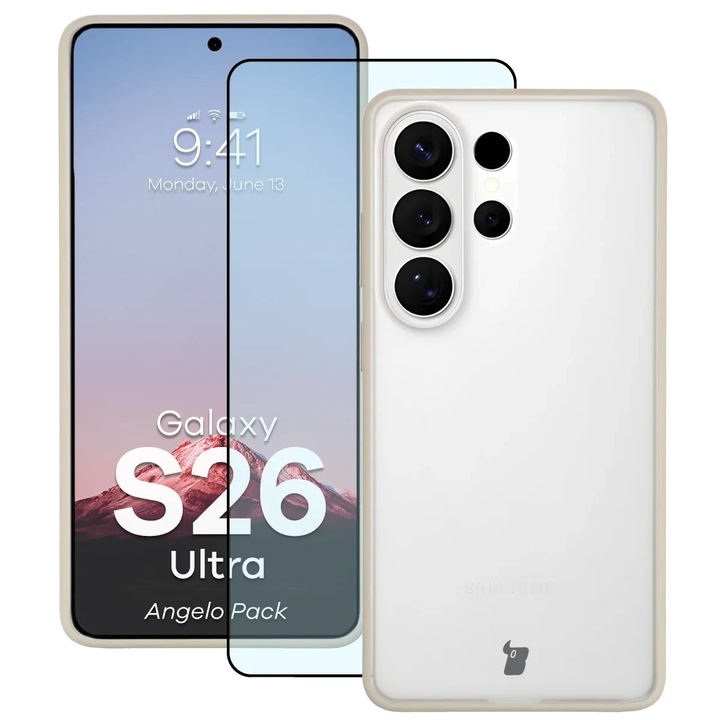 Set protecție 2 în 1 Bizon, Carcasa Bizon Angelo și Folie sticla securizată Bizon Glass Edge, Bej