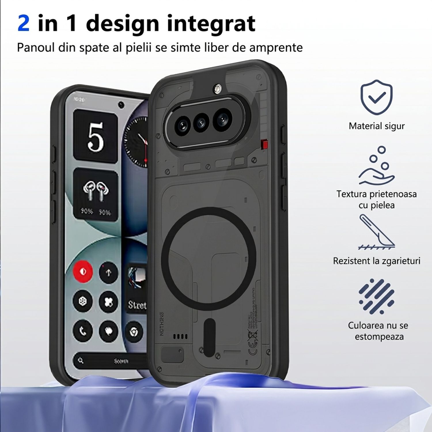 Husa pentru Nothing Phone 4a, Inel MagSafe Integrat, PC Mat Catifelat, Protectie Obiectiv, Rezistenta la Impact, Fixare Precisa, Negru Transparent