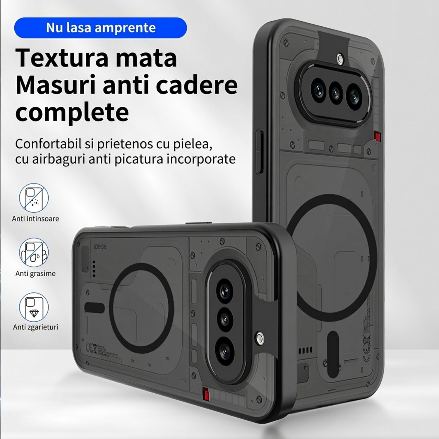 Husa pentru Nothing Phone 4a, Inel MagSafe Integrat, PC Mat Catifelat, Protectie Obiectiv, Rezistenta la Impact, Fixare Precisa, Negru Transparent
