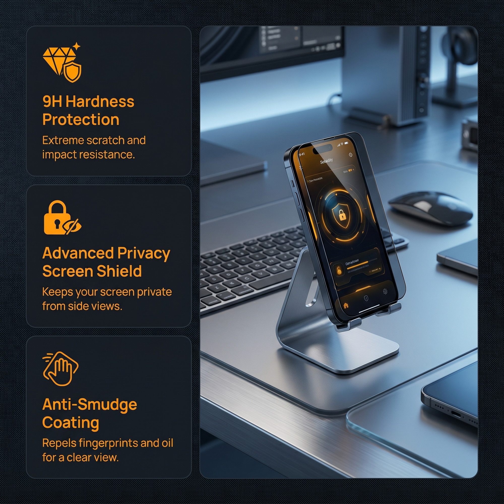 Folie sticlă Privacy 9H+ pentru iPhone 17 Pro, set 2 bucăți, tratament oleofob, dimensiuni precise