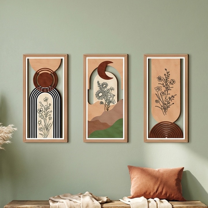 Set de 3 tablouri decorative Destello® panouri cu arta pentru perete, de tip Bohemian, Babilon, Multicolor, 40 x 20 cm