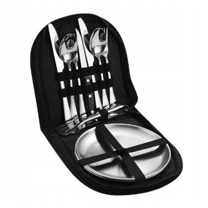 Set picnic 2 persoane, ustensile din inox, geanta textila, 24x4x24cm