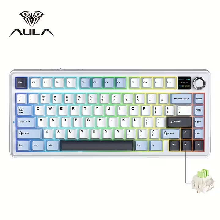 Механична клавиатура Aula F75 MAX pad, безжична гейминг клавиатура 75%, с пет слоя подложки и бутони, Bluetooth/2.4GHz/USB-C, RGB синя