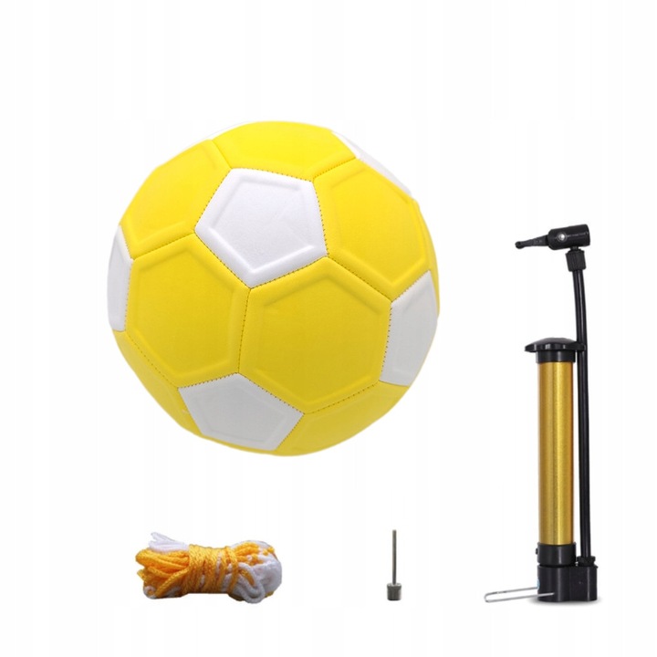 Minge fotbal, dimensiune 4, galben, set cu pompa si plasa de depozitare, pentru copii 4-12 ani