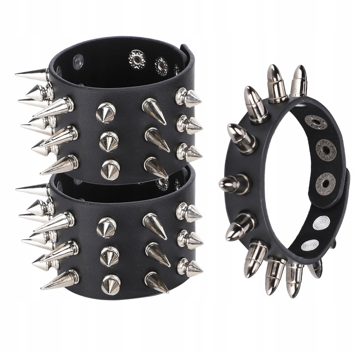 Set de 3 bratari punk cu tinte, PU, 22x4,6cm si 22x1,6cm