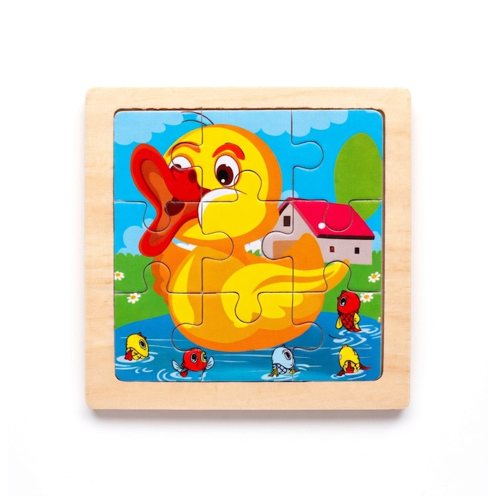 Puzzle educativ din lemn Ratusca pentru copii - 9 piese - dezvolta gandirea logica - 3+ ani, PinkBlue