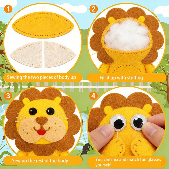 Set de cusut animale, fetru, creativ, 10 modele, multicolor