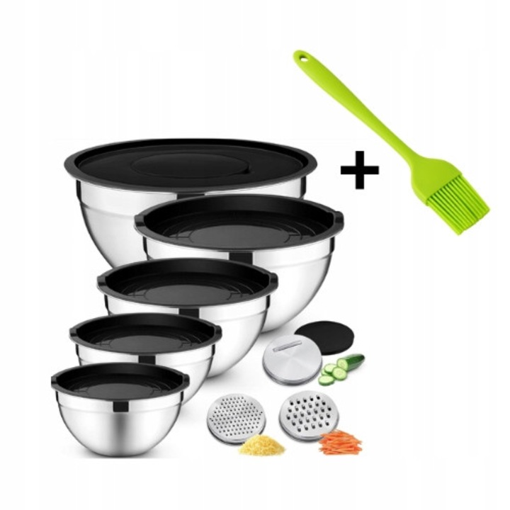 Set 5 boluri din inox cu capace si razatoare, Winder Home, 4,1l-0,6l, inox/negru