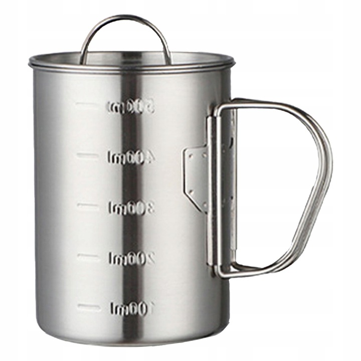 Cana camping din otel inoxidabil cu carabinier si capac, 500ml, culoare otel inoxidabil
