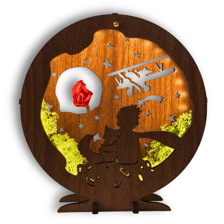 Decoratiune LED Micul Print cu avion, Nuc Wenge, 20x21x5cm, telecomanda