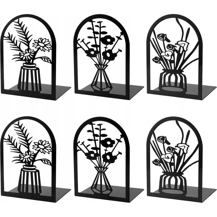 Set 6 Suporturi pentru carti, BOOKEND, metalice, design flori, negru