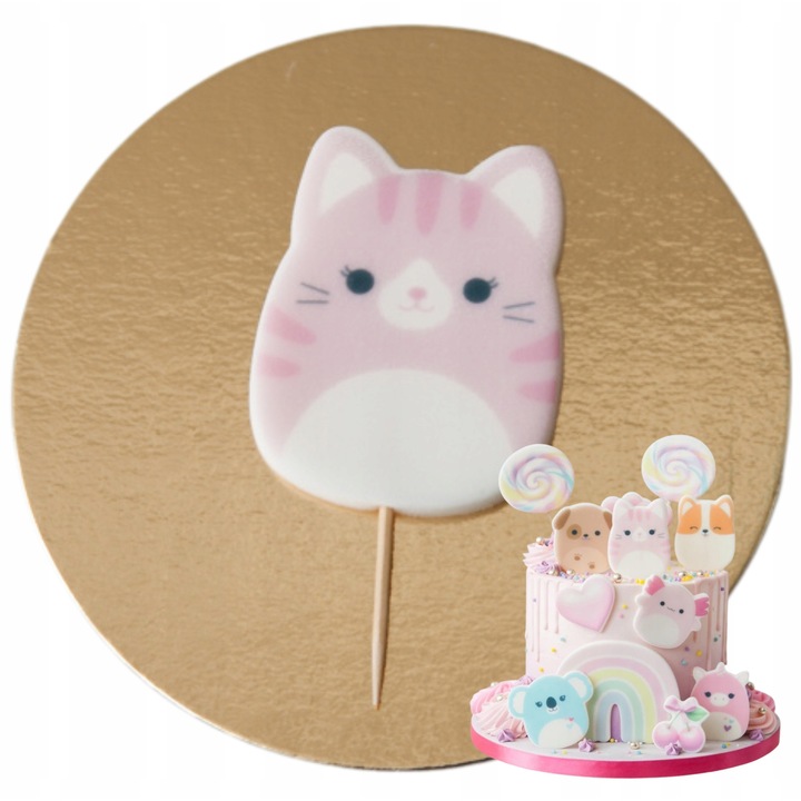 Figurina decorativa tort, Słodka Fanaberia, Squishmallows Fuzzamallow, Pisicuta roz, Realizata manual, Aspect artizanal, Decor dulce, Sigur