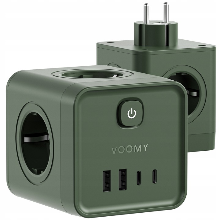 Adaptor de perete Voomy Split X7 8 in 1, 4 prize, 2 USB-C (20W), 2 USB-A, Verde