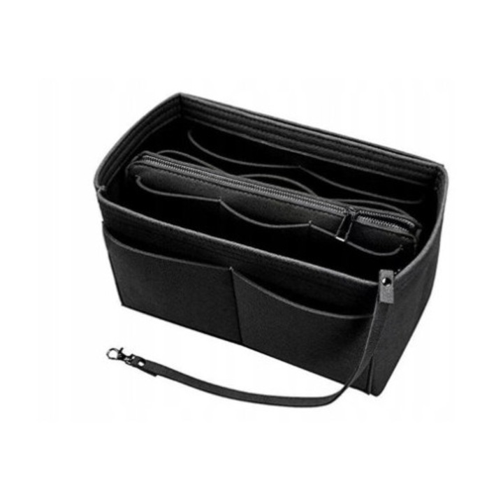 Organizator pentru geanta, M, 3 buzunare externe, 10 buzunare interne, negru, 24x13x15cm