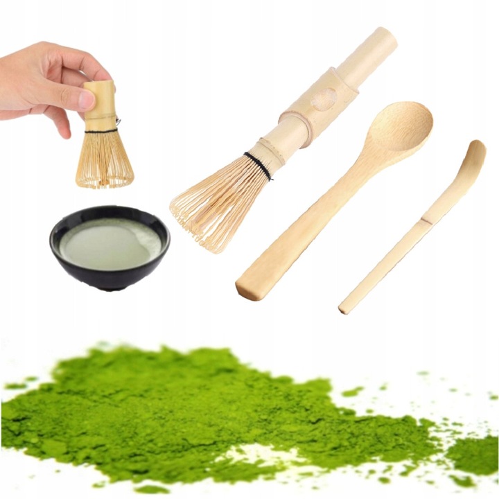 Set 3 piese pentru prepararea ceaiului Matcha, ustensile din bambus, 1 trzepaczka, 1 miarka Chashaku, 1 lingurita, multicolor