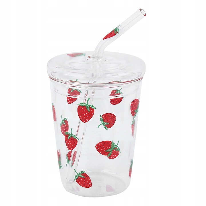 Cana din sticla borosilicata cu capac si pai, design trandafiri, 300ml, 9,5x6x11,5cm, set