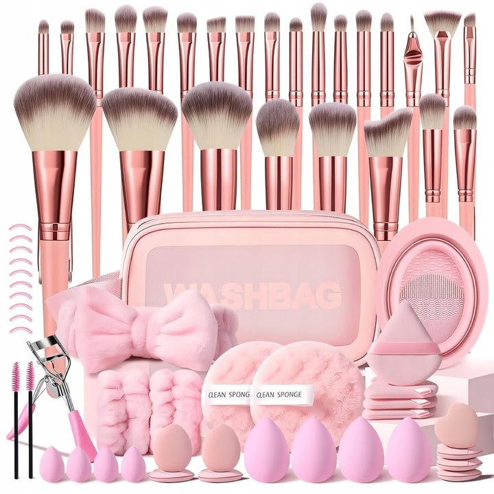 Set de 65 de pensule profesionale pentru machiaj cu etui si burete de curatare, roz