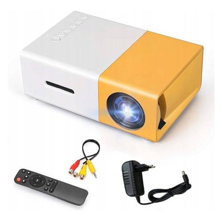 Videoproiector mini, Full HD 1080P, alb si galben, set complet