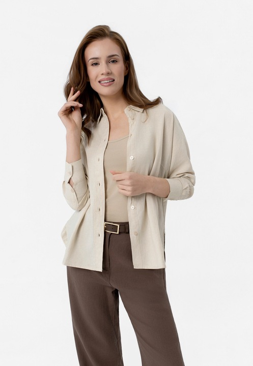 Camasa dama din in si viscoza, maneci lungi, comfort fit, spate mai lung, uni, Volcano K-Vehi, bej, Bej
