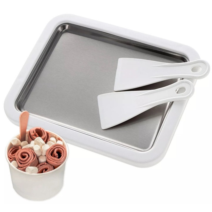 Set aparat de preparat inghetata, 26x21cm, 1 tava din otel inoxidabil, 2 spatule, pentru copii