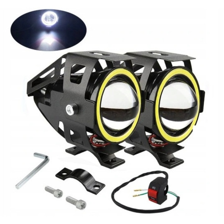 Set 2x Reflectoare LED Halogen, 3000LM, 6500-7000K, Waterproof IP67, 12-24V, pentru Motociclete, Auto, Camioane, Quads, Barci, Negru