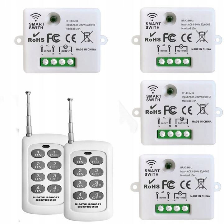 Vezeték nélküli kapcsoló AC 230 V, 4 vevő és 2 távirányító, 10 A, RF 433 MHz