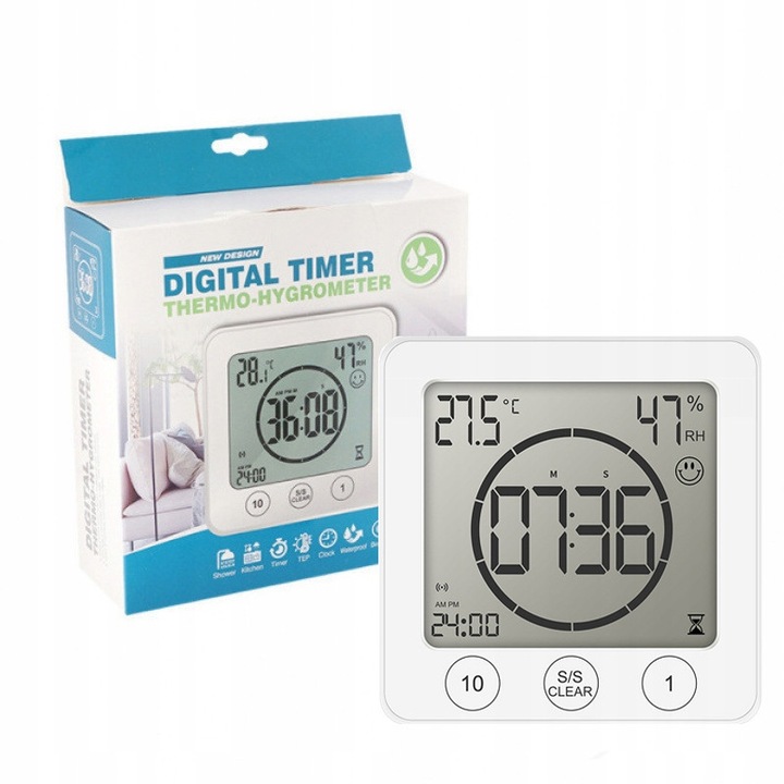 Ceas decorativ multifunctional, alb si negru, cu termometru si timer, rezistent la apa, cu prindere prin ventuza