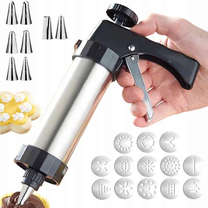 Pistol de decorat prajituri, 8 duze, 13 discuri, inox, negru si argintiu