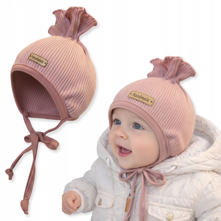 Caciula pentru bebelusi 34-36, Dartomik, prazkita, cu legare, roz pudrat, unisex