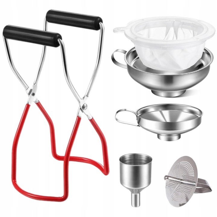 Set 3 lejkuri din inox, ecran din inox, filtru nylon 300 mesh, cu podnosita pentru borcane, argintiu, dimensiuni 14.5x10.5x3.5cm