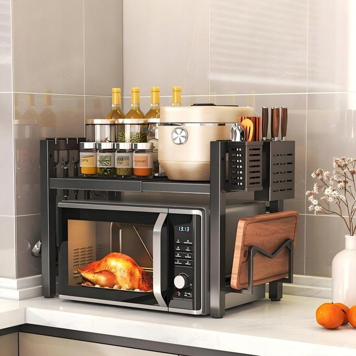 Raft pentru cuptor cu microunde, extensibil, 2 niveluri, negru, 40-64x32,5x32/40cm, set cu accesorii