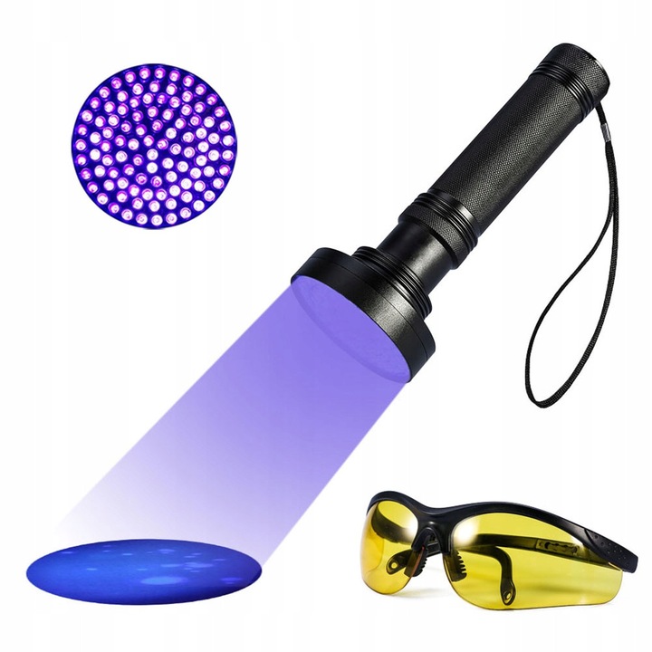 UV lámpa kisállat vizelet észleléséhez, 100 LED, alumínium, védőszemüveggel, szett