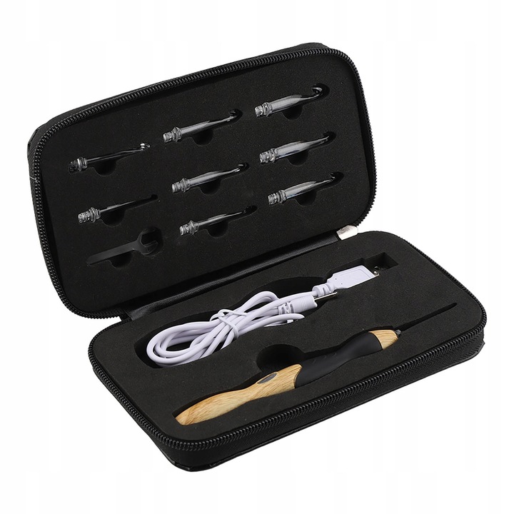 Set crosetat LED USB cu 9 capete interschimbabile, dimensiuni 2,5-6,5 mm, multicolor, 18x10x3 cm