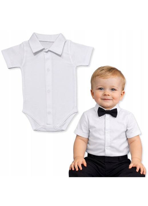 Body baieti Dartomik, alb, bumbac 100%, maneca scurta, guler tip camsa