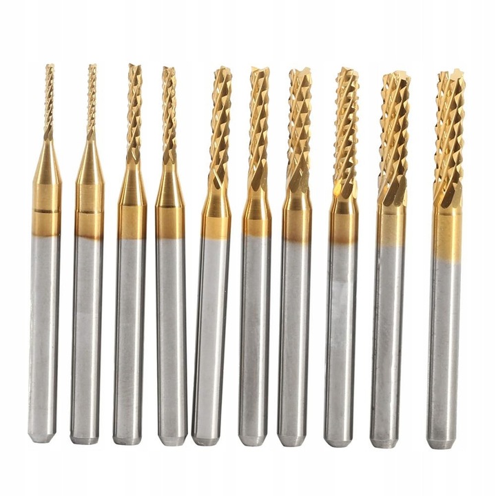 Set freze pentru frezare CNC, 10 piese, diametru 1-3mm, material carbura, culoare aurie si argintie