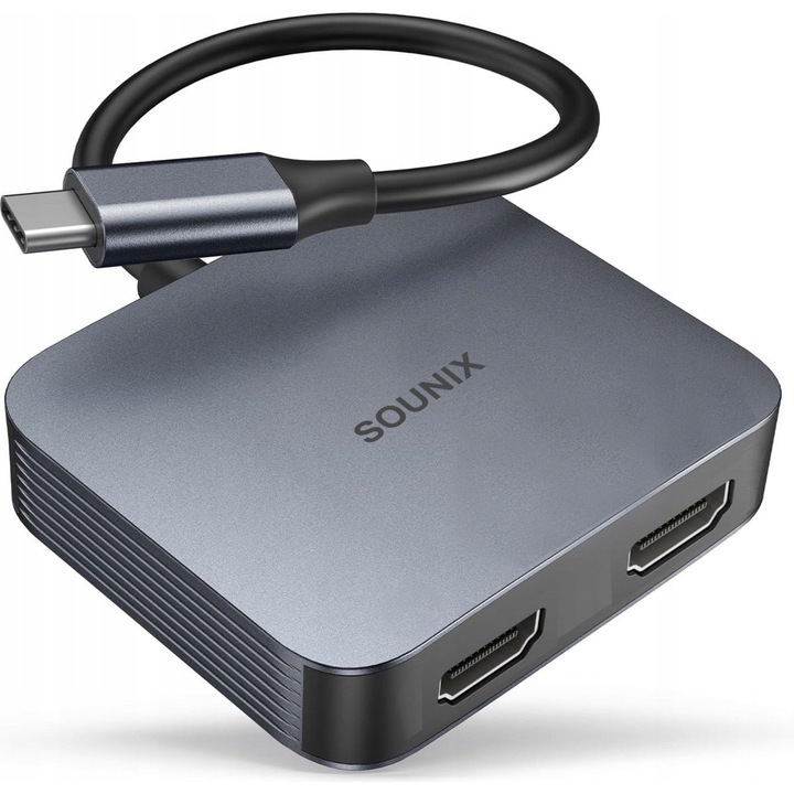 Hub USB-C Sounix Dual HDMI 4K 60Hz, suporta moduri extins si duplicat, compact