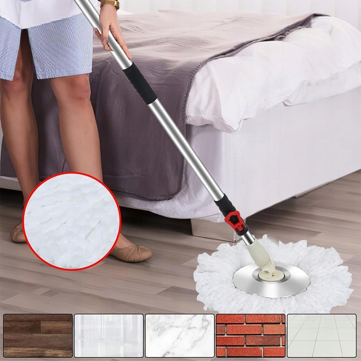 Mop rotativ 360°, 3 capete microfibra, rosu si negru, capacitate 7,5 l, set complet