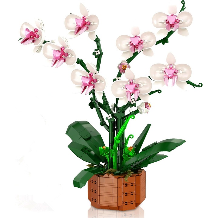 Set de blocuri de constructie cu orhidee – Kit de flori artificiale DIY pentru decorarea casei, pentru adulti si copii 14+ ani, ideal pentru zile de nastere, ocazii speciale