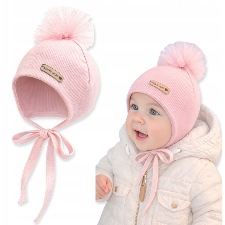 Caciula pentru copii Dartomik, 34-36, doua straturi, pompon din tulle, roz pastel, primavara/toamna