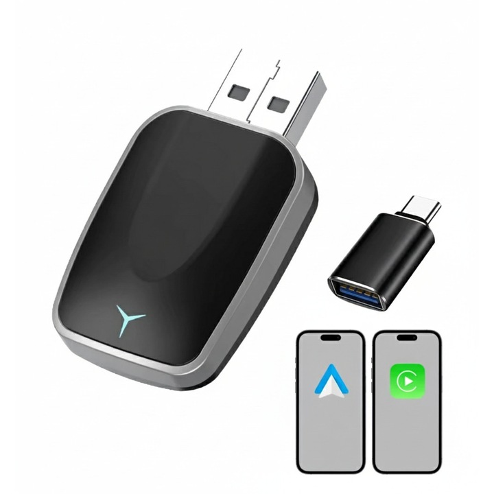 Adapter wireless CarPlay Android Auto, 2 in 1, design compact, USB