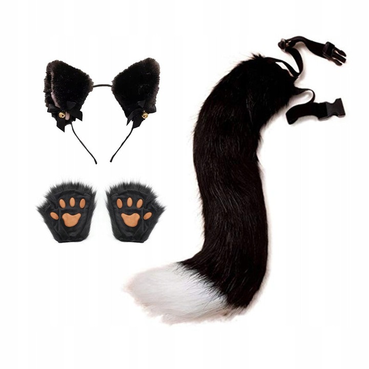 Set costum carnaval, masca plus, coada vulpe, manusi, 50cm, multicolor