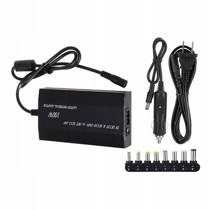 Univerzális autós töltő laptophoz, 100W, 12V/24V, 8 csatlakozó, fekete