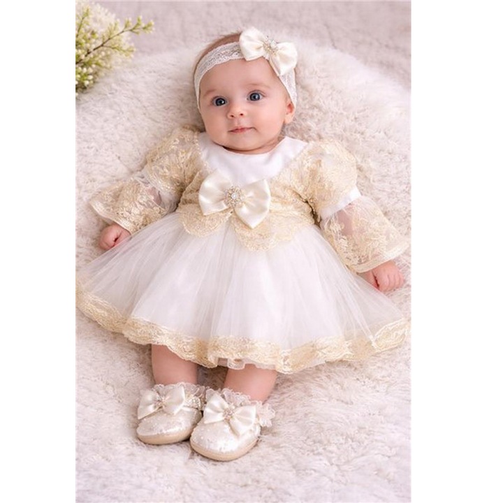 Set 3 piese, rochie eleganta, bentita si botosei, pentru botez, pentru fete, Mini Junior R0104B, Crem 74 CM