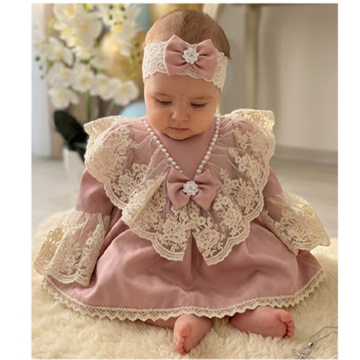 Set 2 piese, rochie eleganta si bentita, pentru botez, pentru fete, Mini Junior R0104R, Roz 68 CM