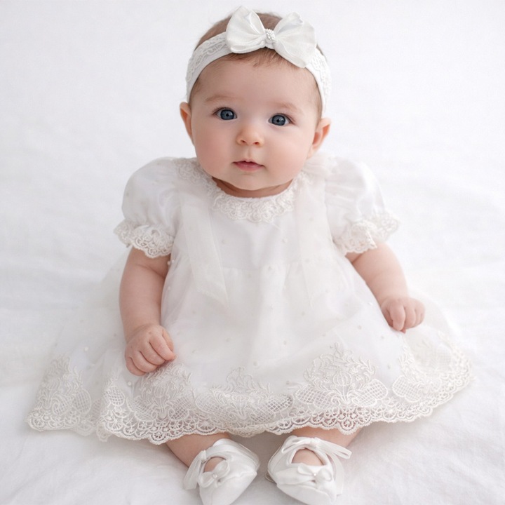 Set 3 piese, rochie eleganta, bentita si botosei, pentru botez, pentru fete, Noya Baby R0104I, Crem 74 CM