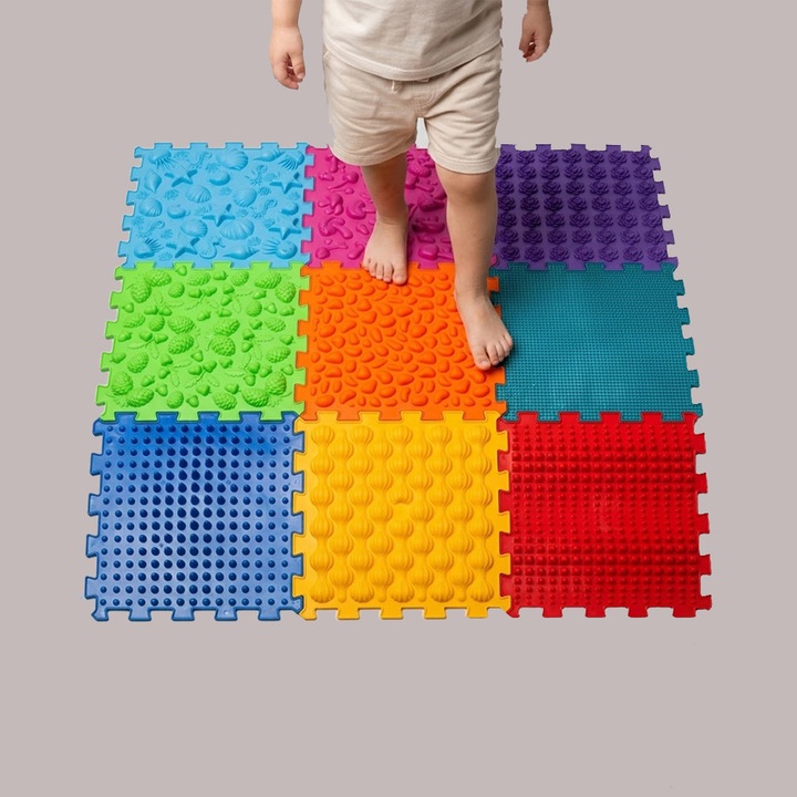 Set 9 Module Covoras Ortopedic pentru Kinetoterapie la Domiciliu, Comando BioStep, Texturi Mixte, pentru Profilaxie Picior Plat, Intarire Talpi, Dezvoltare Perceptie Senzoriala la Copii, Reflexoterapie, Hipoalergenic, Dimensiune Modul 26x26cm, Multicolor