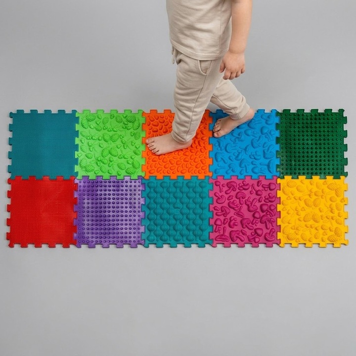 Set 10 Module Covoras Ortopedic pentru Kinetoterapie la Domiciliu, Comando BioStep, Texturi Mixte, pentru Profilaxie Picior Plat, Intarire Talpi, Dezvoltare Perceptie Senzoriala la Copii, Reflexoterapie, Hipoalergenic, Dimensiune Modul 26x26cm, Multicolor