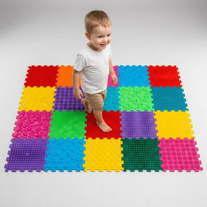 Set 20 Module Covoras Ortopedic pentru Kinetoterapie la Domiciliu, Comando BioStep, Texturi Mixte, pentru Profilaxie Picior Plat, Intarire Talpi, Dezvoltare Perceptie Senzoriala la Copii, Reflexoterapie, Hipoalergenic, Dimensiune Modul 26x26cm, Multicolor